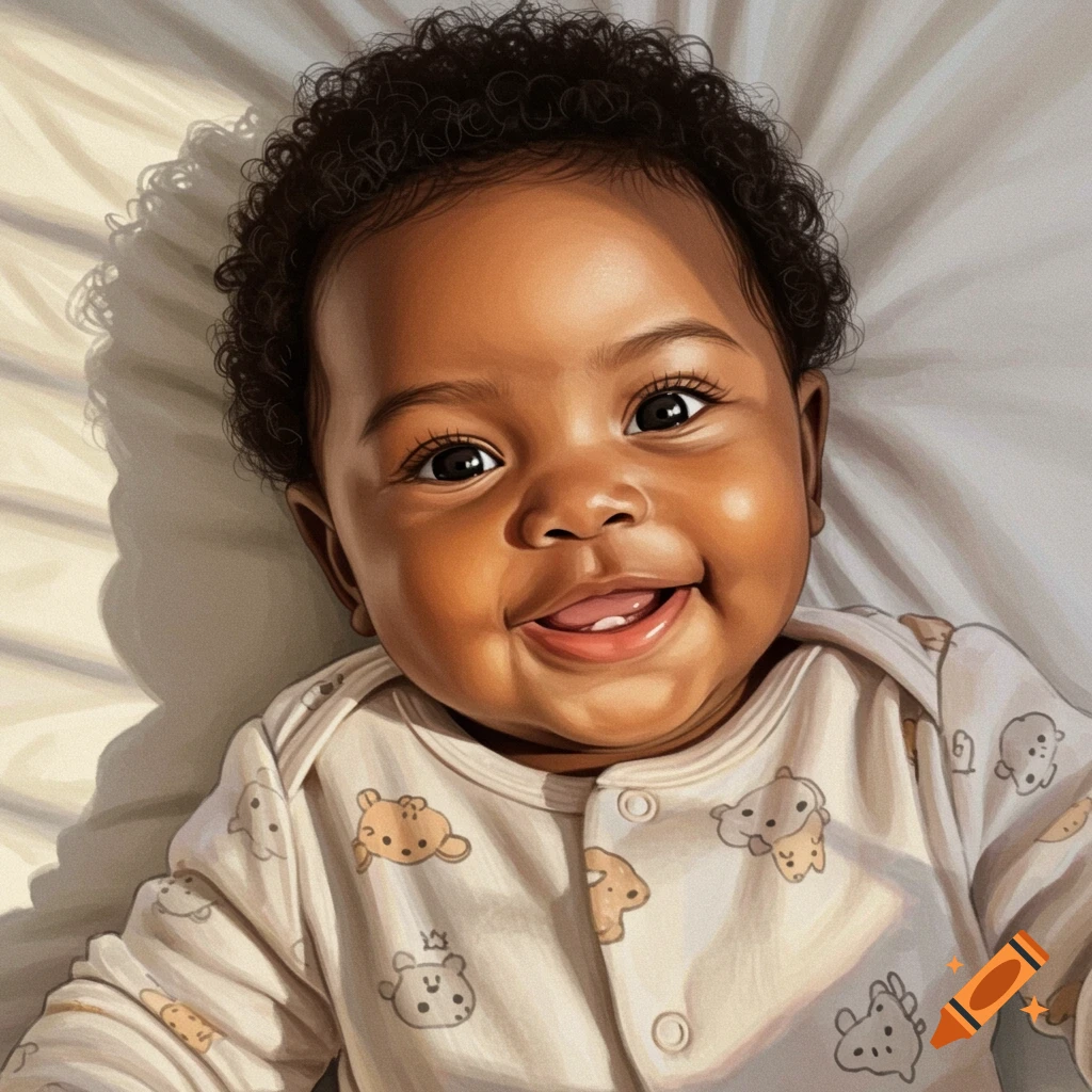Close-up portrait of a smiling baby with curly hair lying on a bed.
