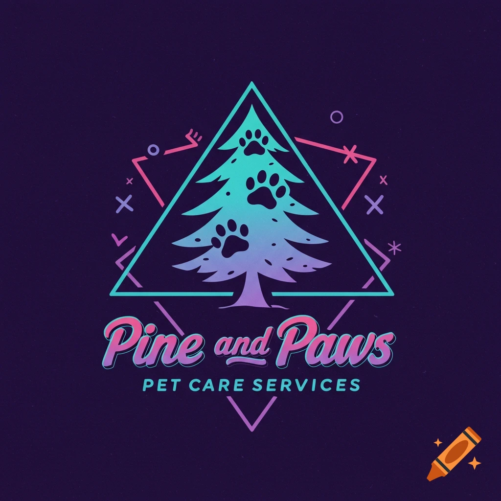80s style logo for Pine and Paws Pet Care Services with a pine tree and paw prints.