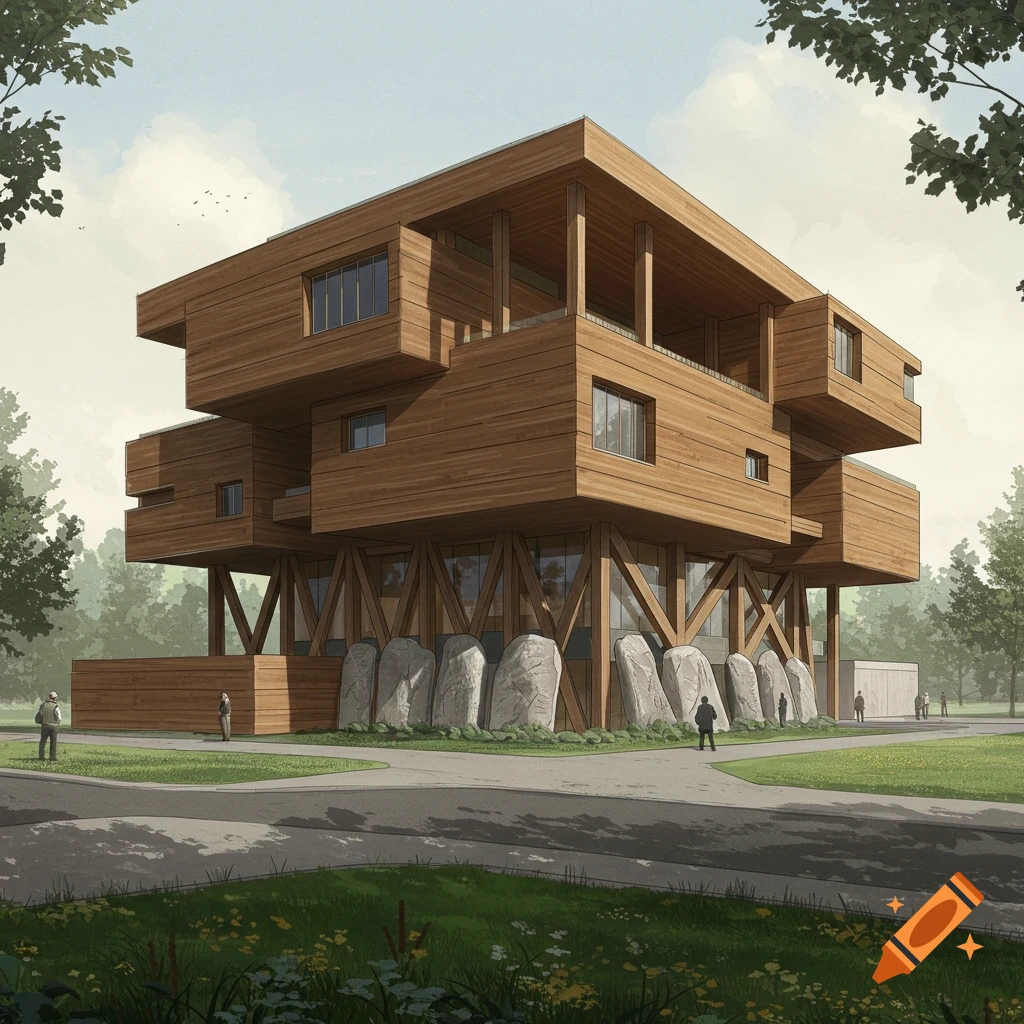 Architectural rendering of a modern mass timber museum supported by large stone masses, in a park setting.