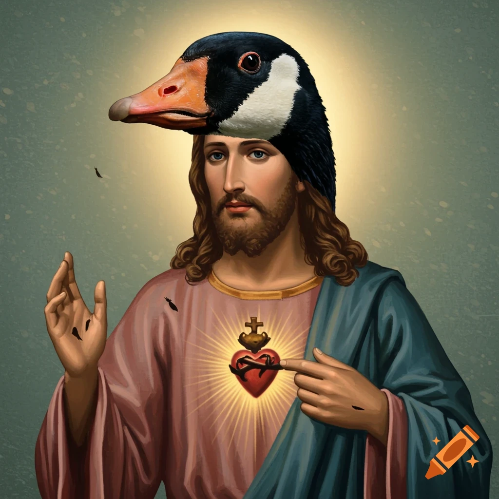 Painting of Jesus with a Canadian goose head, pointing to his sacred heart.