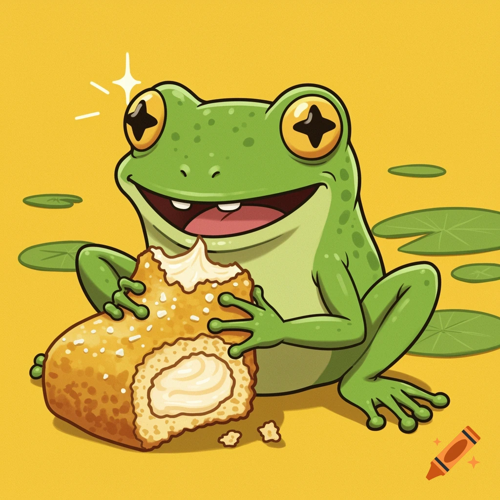 A cheerful cartoon frog sits eating a cream-filled pastry.