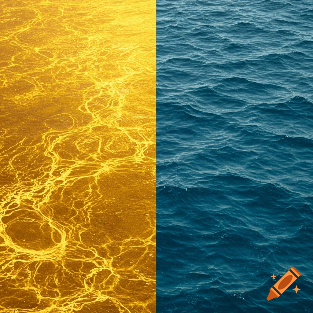 Split image showing a gold texture on the left and blue water waves on the right.
