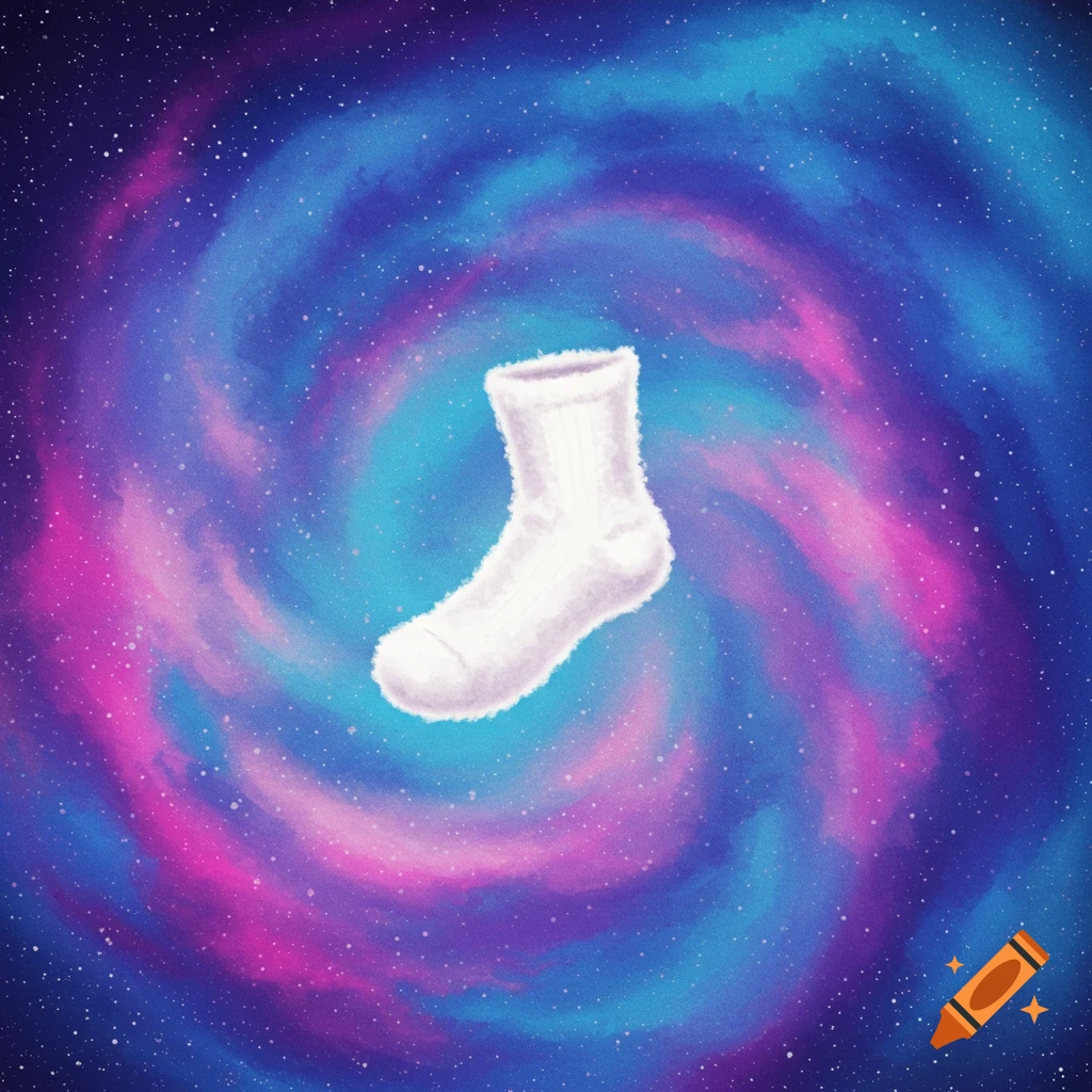 A white sock floats in the center of a swirling galaxy with blue and pink colors.