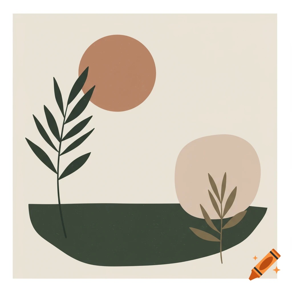 Minimalist abstract art with shapes and plants in natural tones