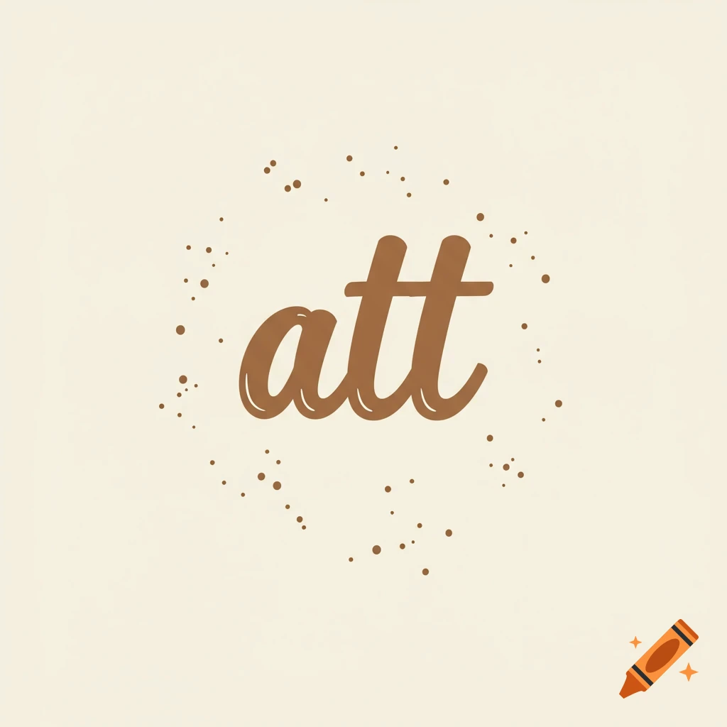 Script text 'att' in brown on a cream background with brown splatters