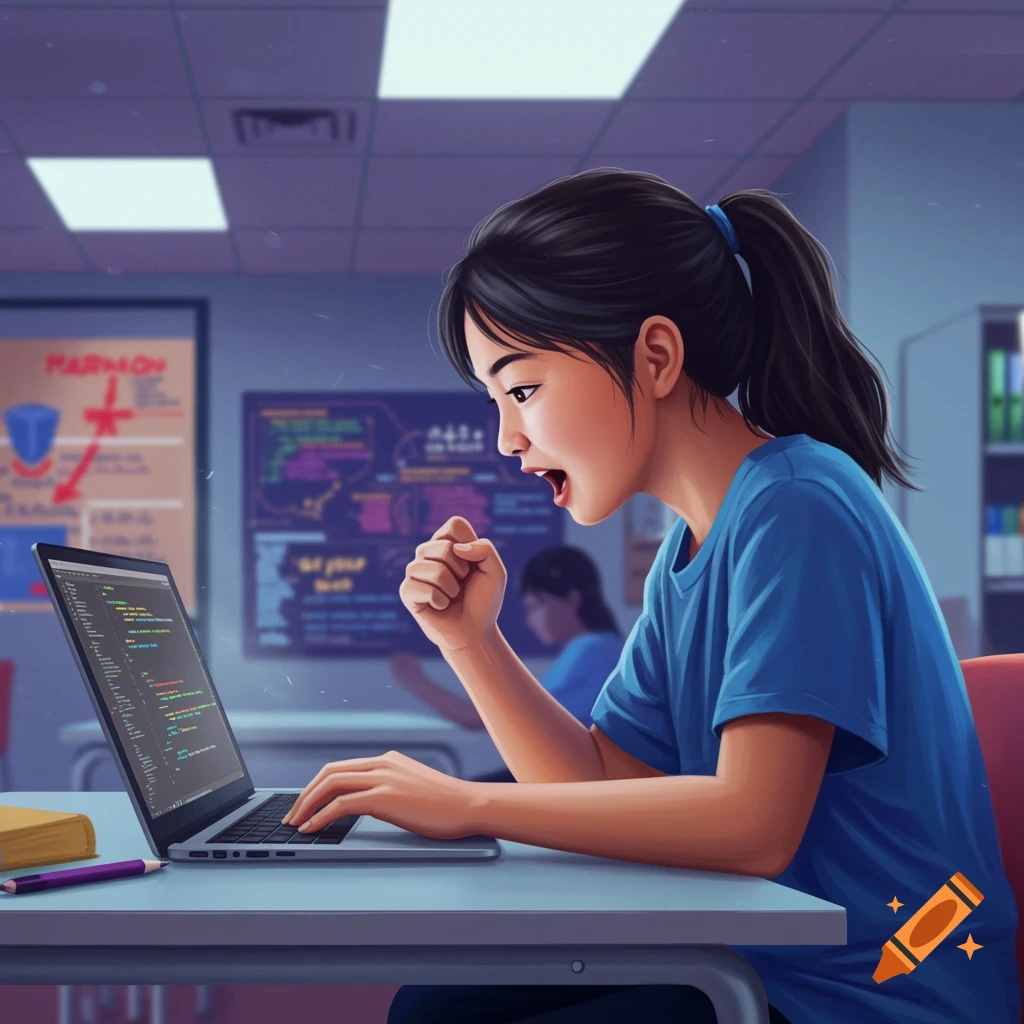 Illustration of a middle school student excitedly coding on a laptop in a classroom.