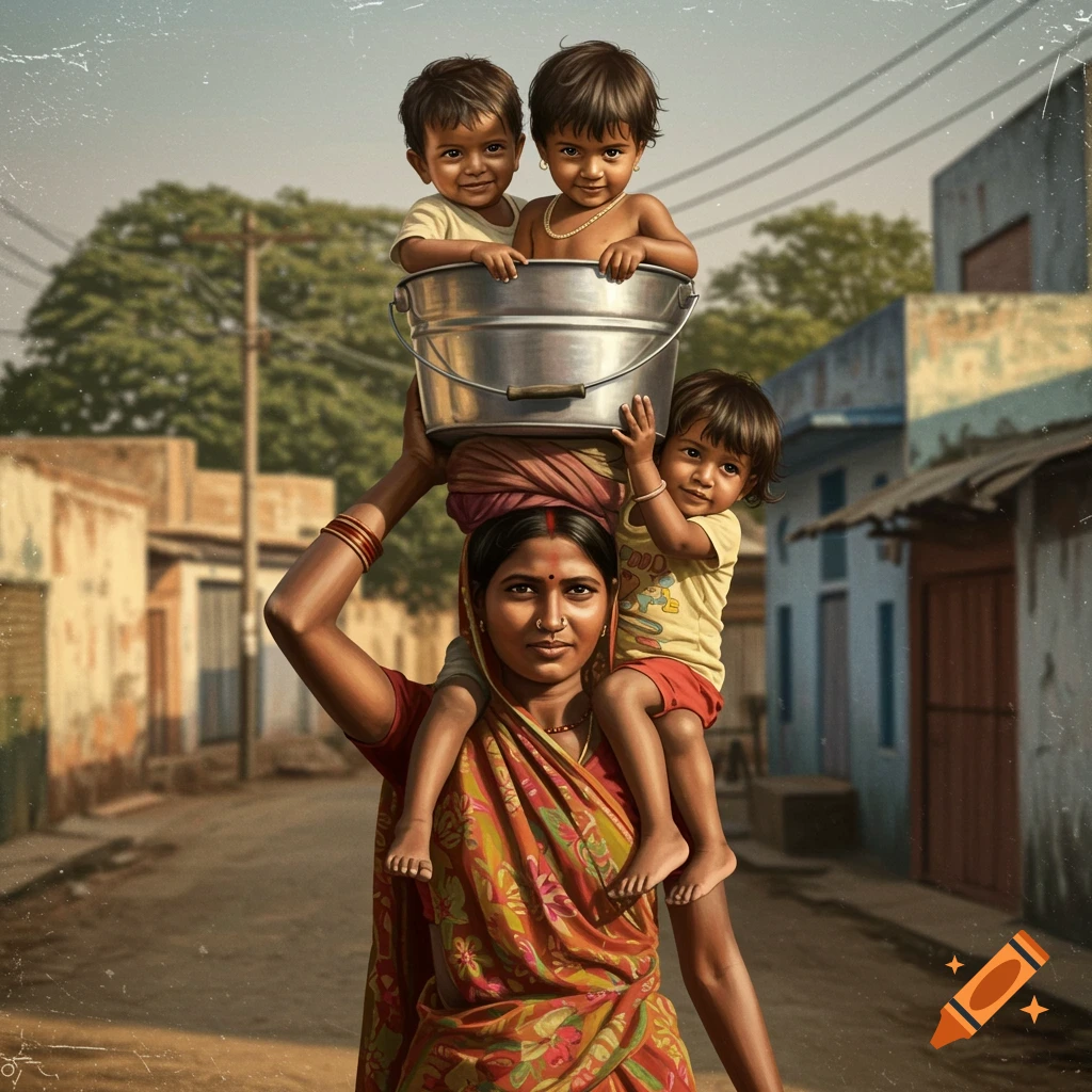 An illustration of a woman carrying two children in a bucket on her head and one on her shoulder, walking down a street.