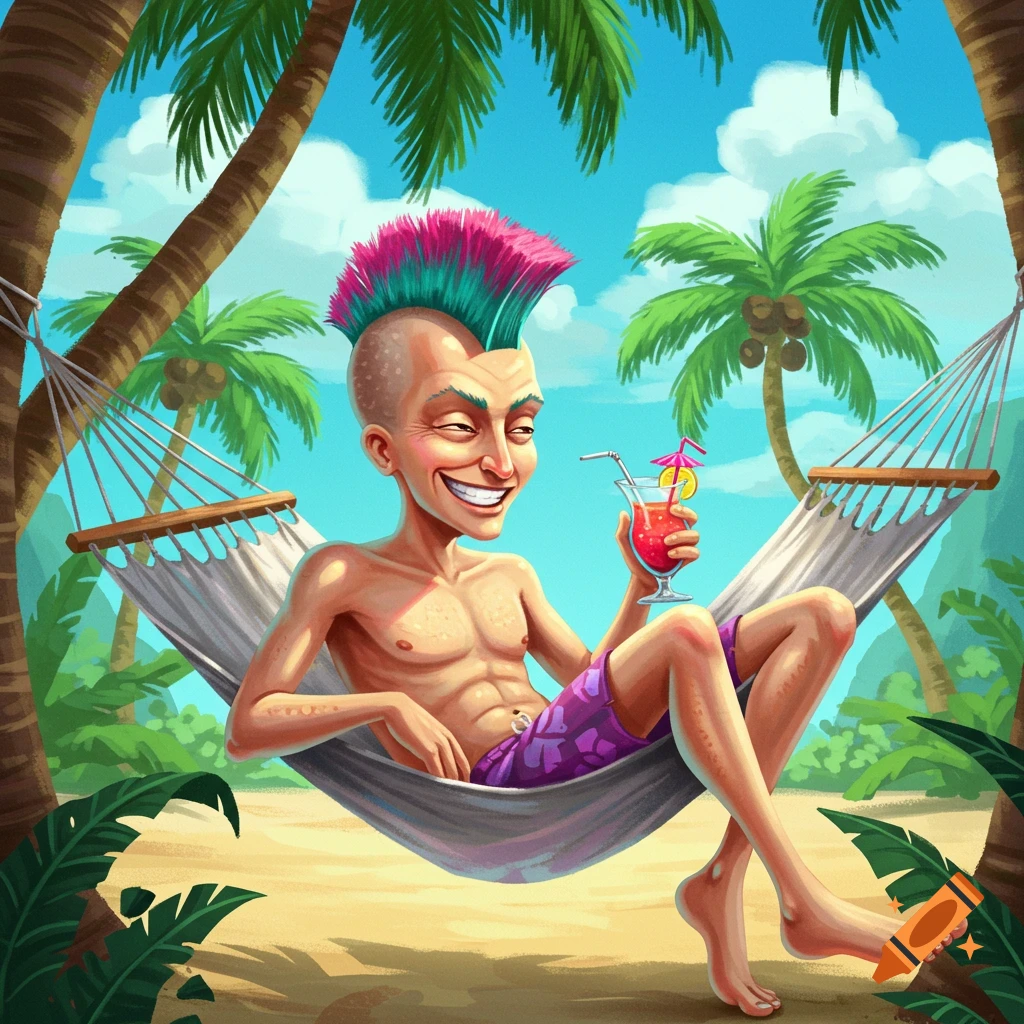 Cartoon man with mohawk relaxes in hammock on tropical beach with cocktail