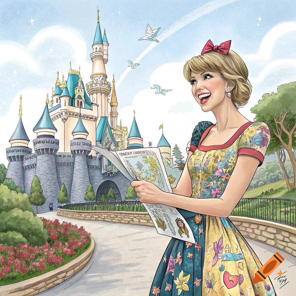 Illustration of a woman looking at a map in front of a large fantasy castle.