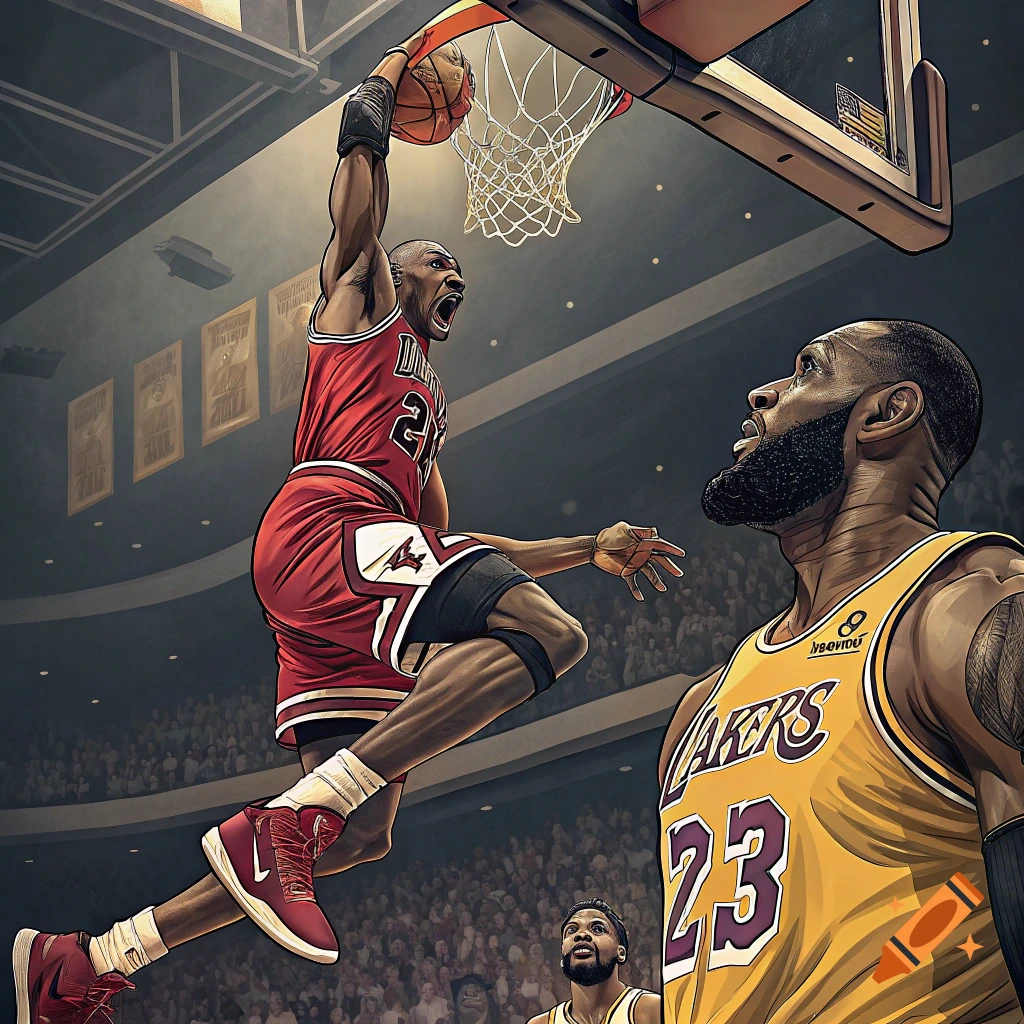 Michael Jordan dunks over LeBron James in a stylized illustration of a basketball game.