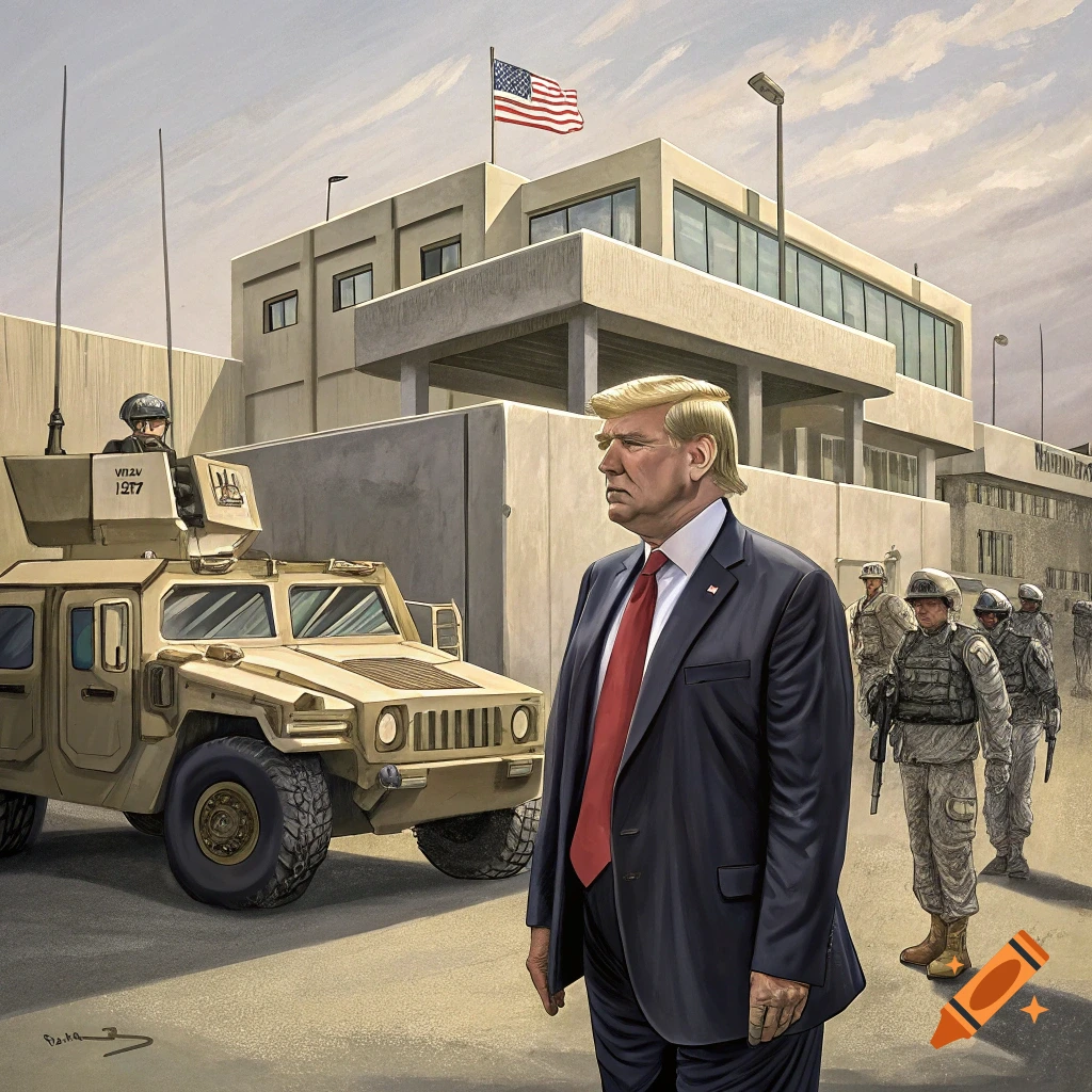 Donald Trump stands next to a military vehicle with soldiers and a building with a US flag behind him.