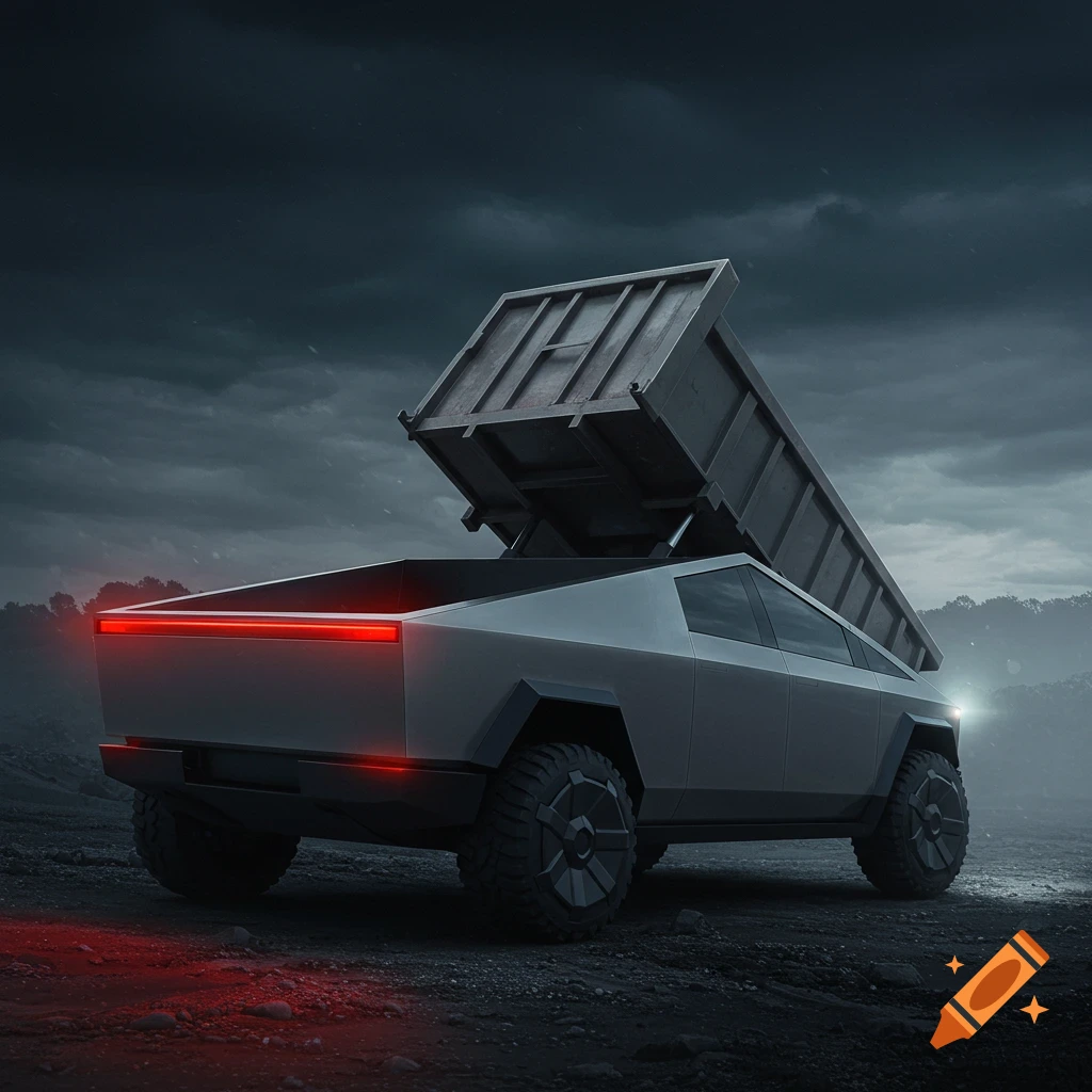 Tesla Cybertruck modified into a dump truck with its rear raised under a stormy sky.