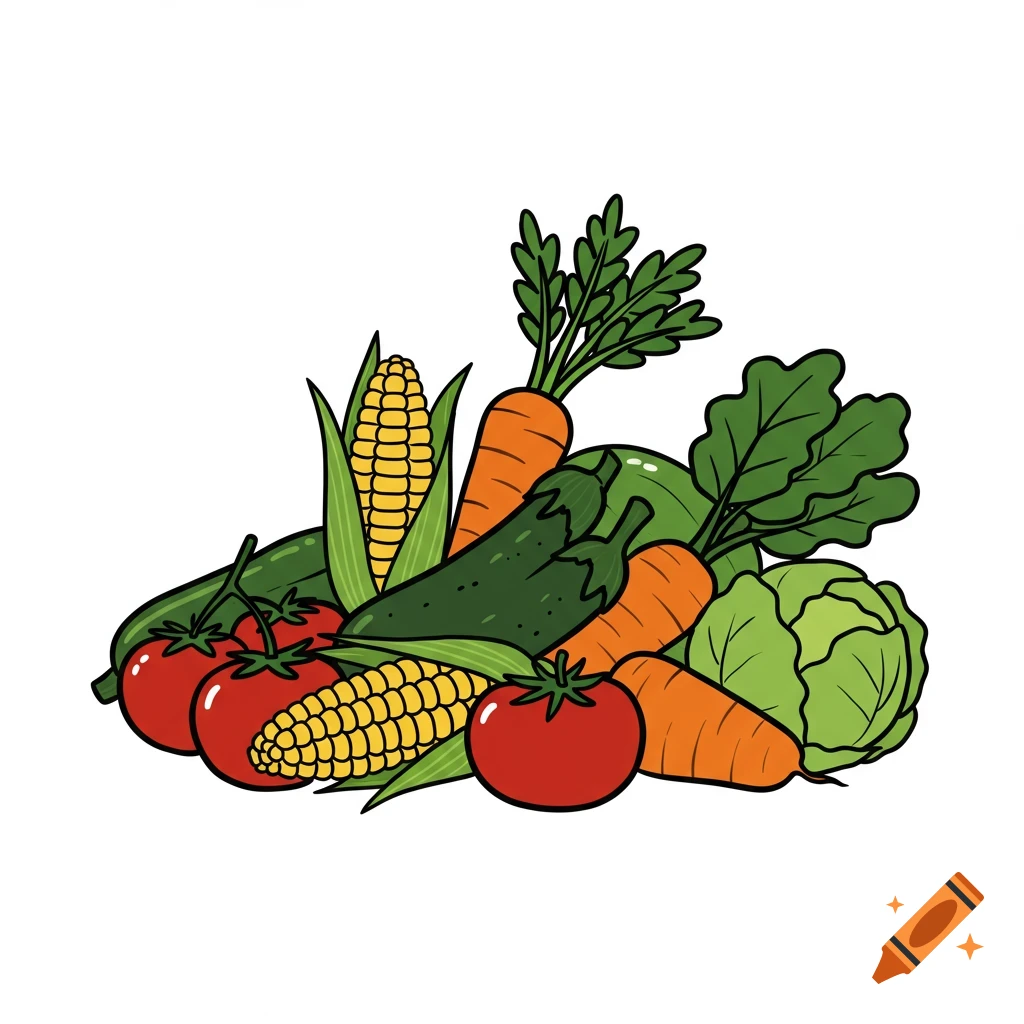 Simple cartoon drawing of a pile of vegetables including tomatoes, corn, carrots, cucumber, and cabbage.