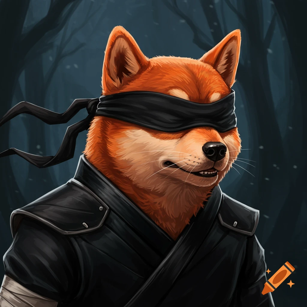 Illustration of a Shiba Inu in ninja clothes and a black blindfold in a dark forest.