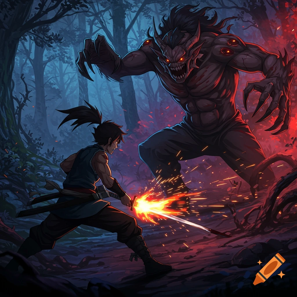 Anime style character battles a fierce monster with a glowing sword in a dark forest.