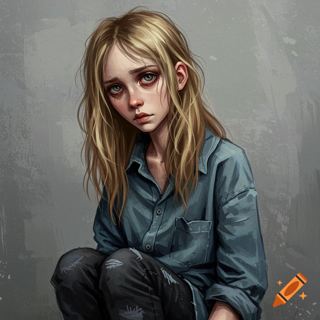 Digital art portrait of a young girl with blonde hair and sad eyes.