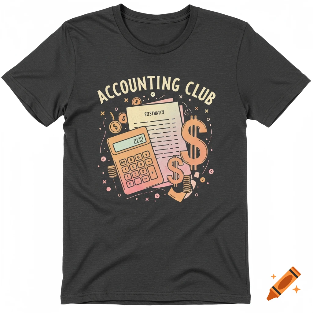 A black t-shirt with a cartoon illustration of accounting items including a calculator, dollar signs, and a document with text that reads "ACCOUNTING CLUB".