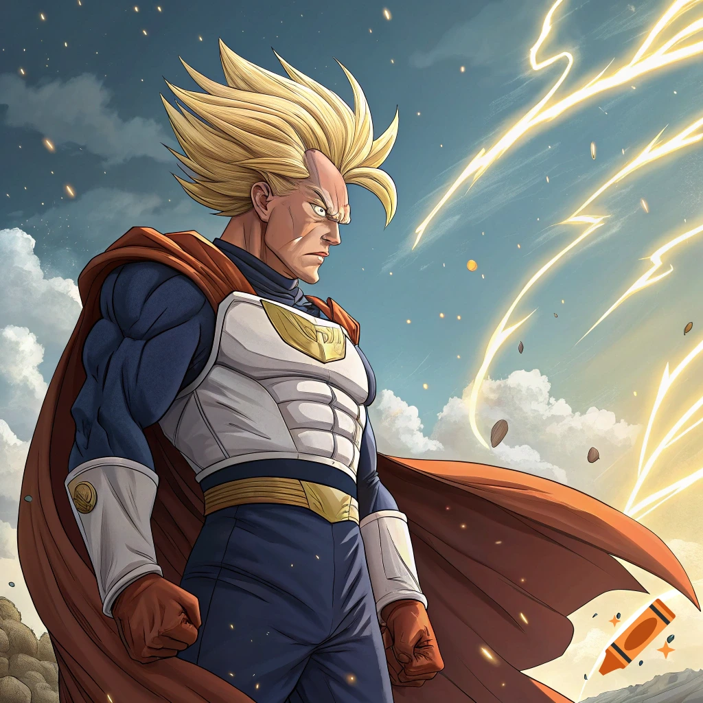 Anime style character with spiky blonde hair, armor, and a cape, resembling a Dragon Ball Z character mashup.