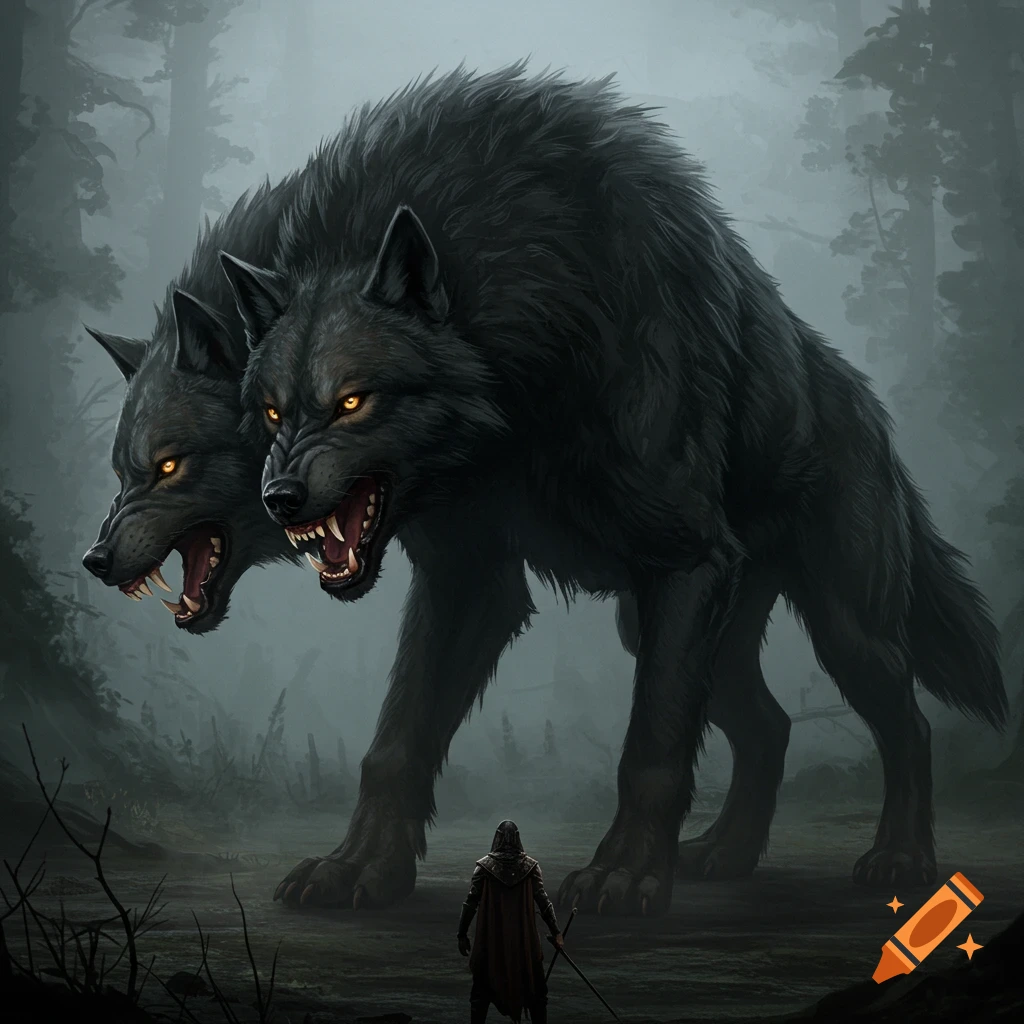 A giant two-headed black wolf stands in a foggy forest, facing a lone figure.