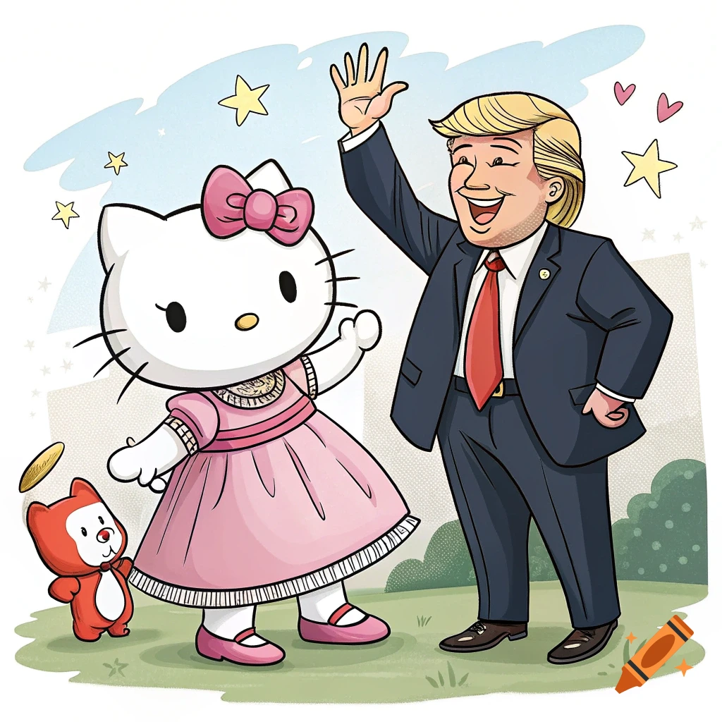 Cartoon illustration of Hello Kitty in a pink dress next to a cartoon Donald Trump waving, with a small red character nearby.