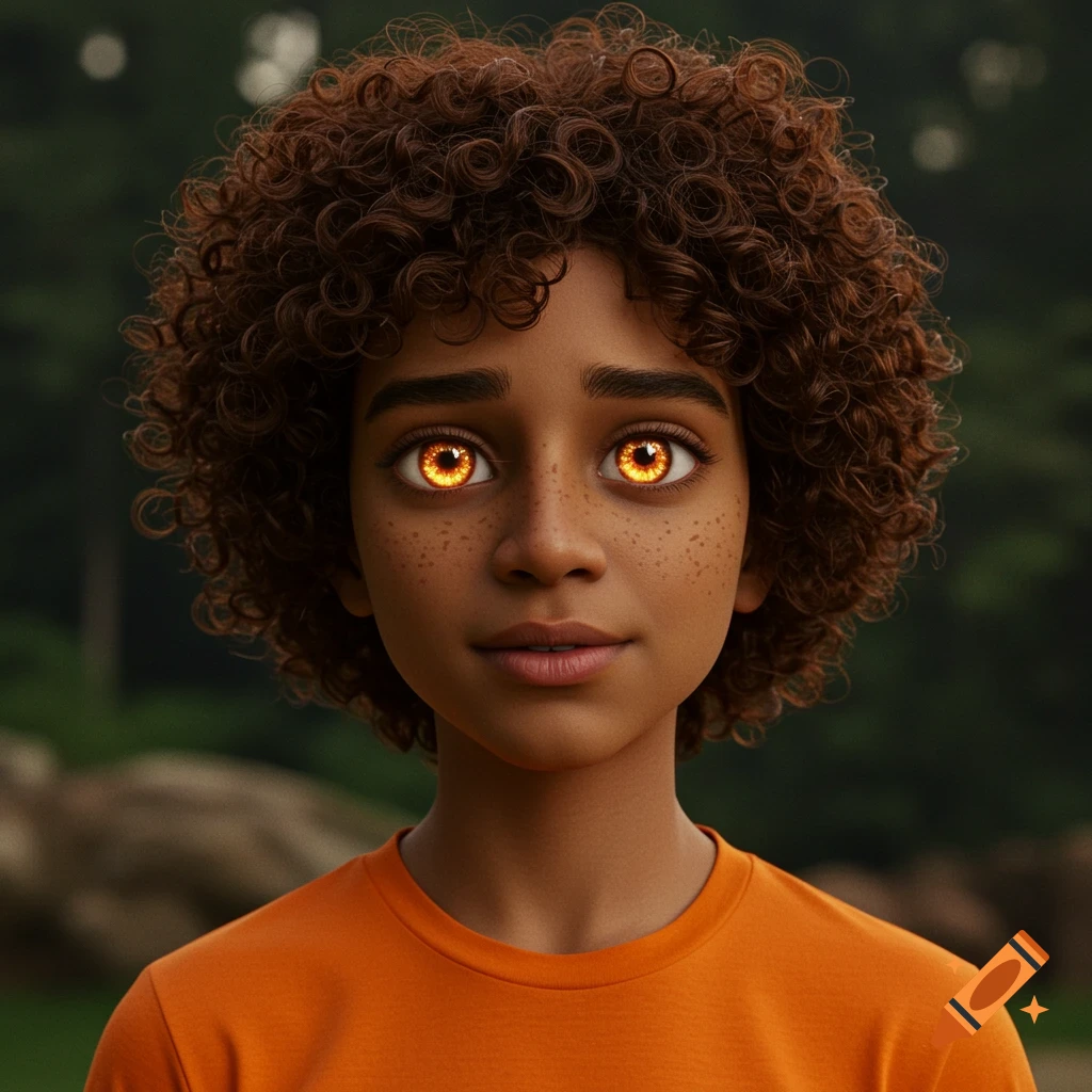 Portrait of a young person with curly brown hair, freckles, and glowing orange eyes, wearing an orange t-shirt.