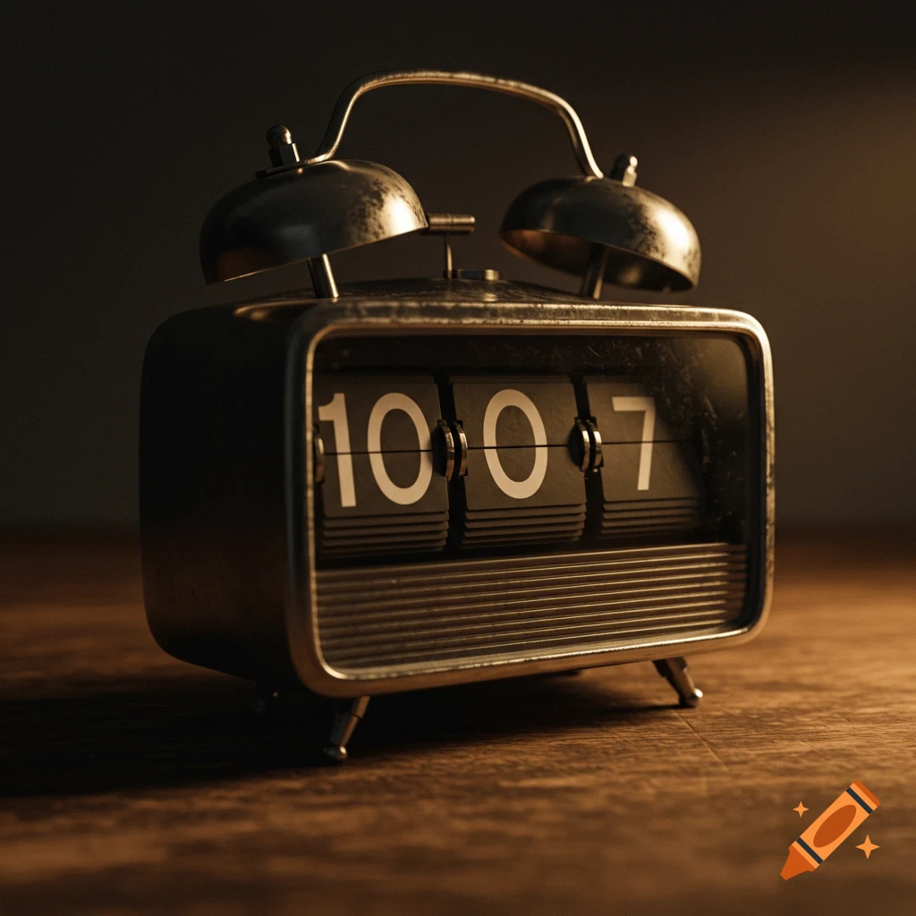 A close-up photo of a vintage black and metal flip alarm clock showing the time 10:07 on a wooden surface.