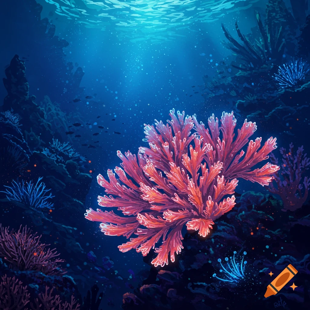An underwater illustration of a vibrant red bioluminescent coral reef.