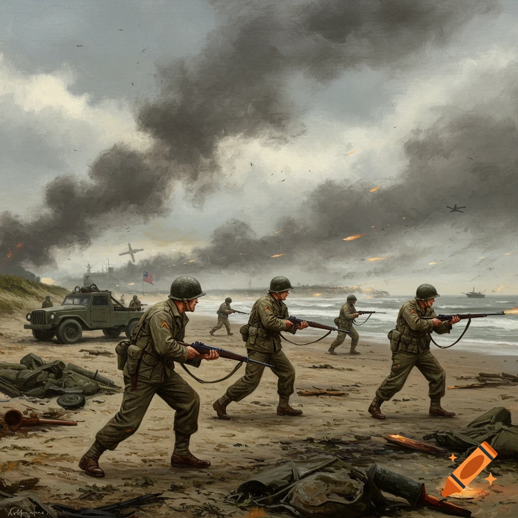 Painting of US soldiers storming a beach under fire during battle.