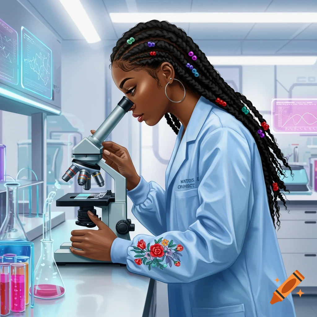 Illustrated image of a Black woman in a lab coat looking into a microscope in a laboratory.