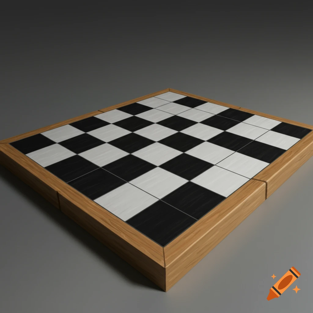 A close-up view of a blank chess board with a wooden frame.