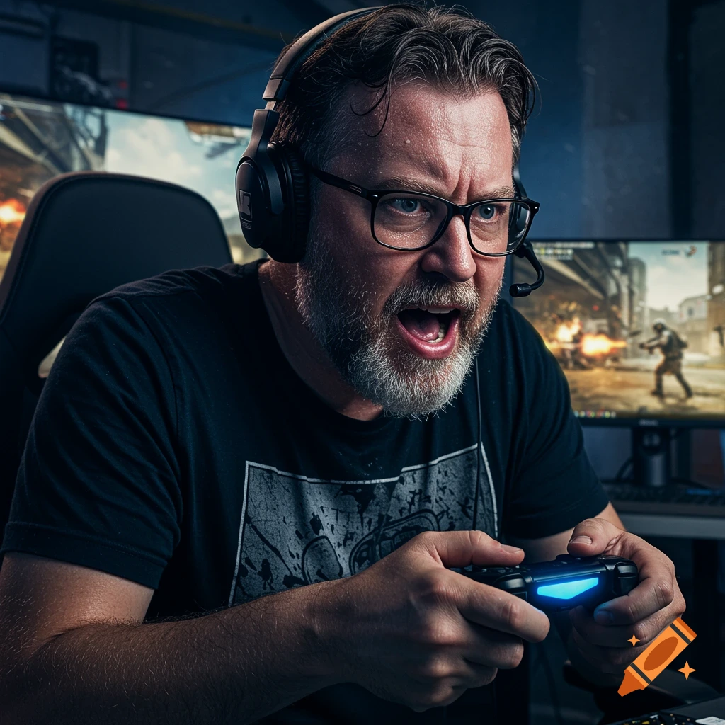 Man in headphones and glasses shouts while playing a video game
