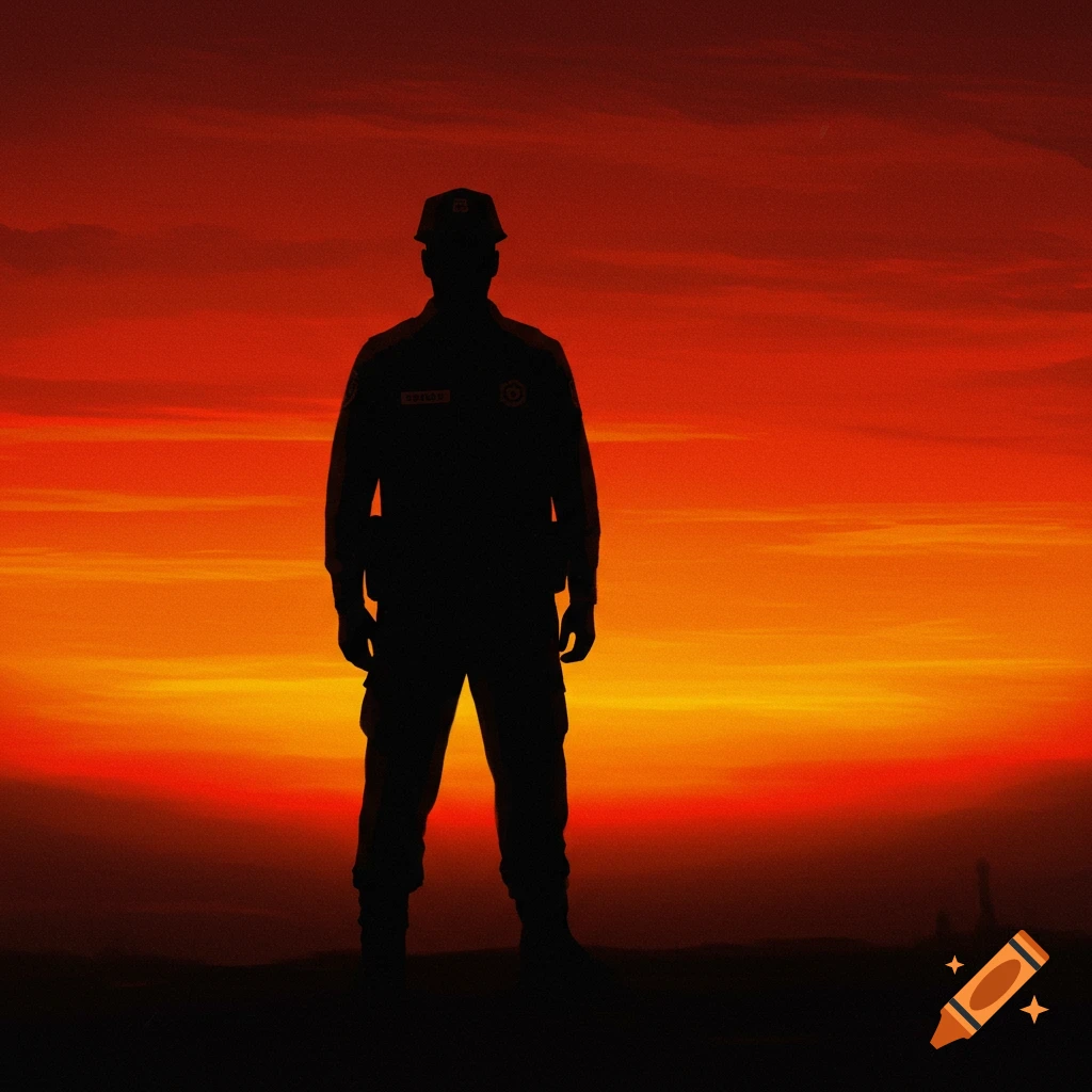Silhouette of a person in uniform standing against a bright orange and red sunset.