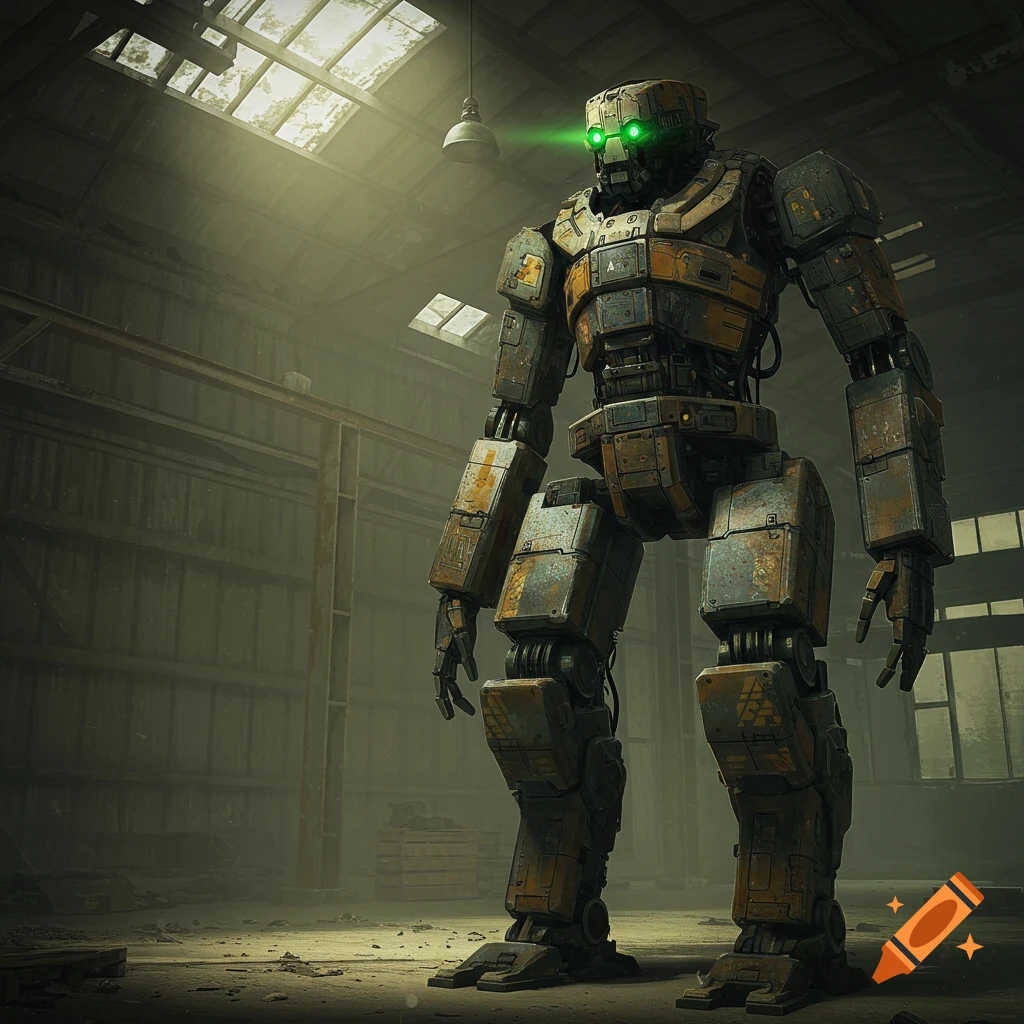 A large, rusty robot stands in an abandoned warehouse with light streaming through the roof.