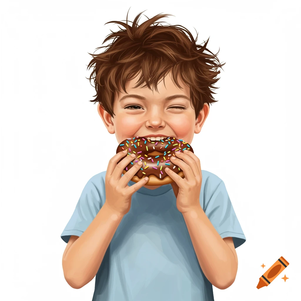 Young boy smiles and winks while holding and eating a chocolate donut with sprinkles.