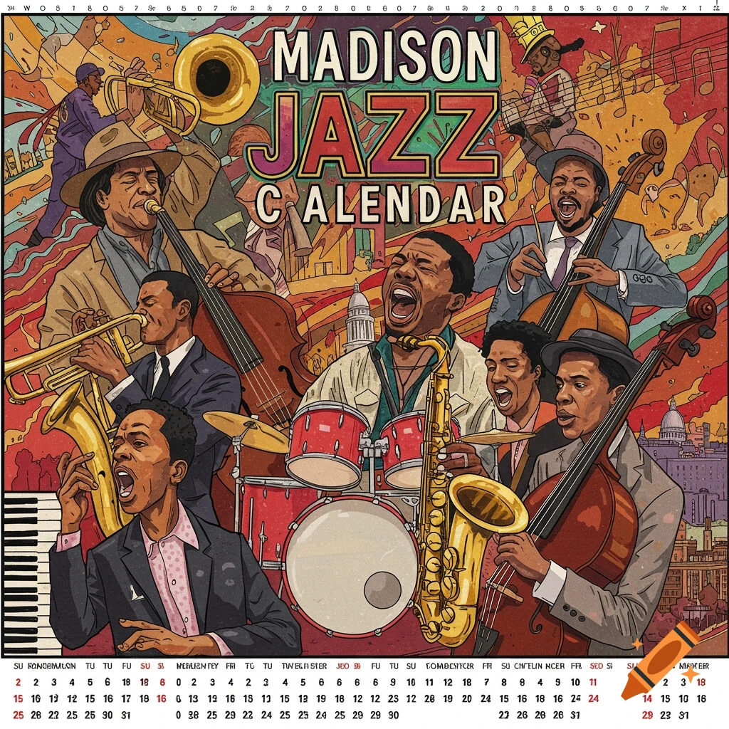 Illustration of a group of musicians playing jazz instruments, with text "MADISON JAZZ CALENDAR".