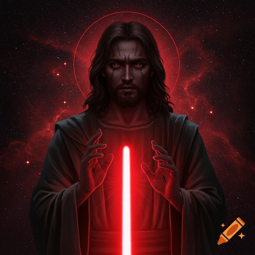 A figure resembling Jesus, with dark eyes and a red lightsaber, stands in space with a red halo.