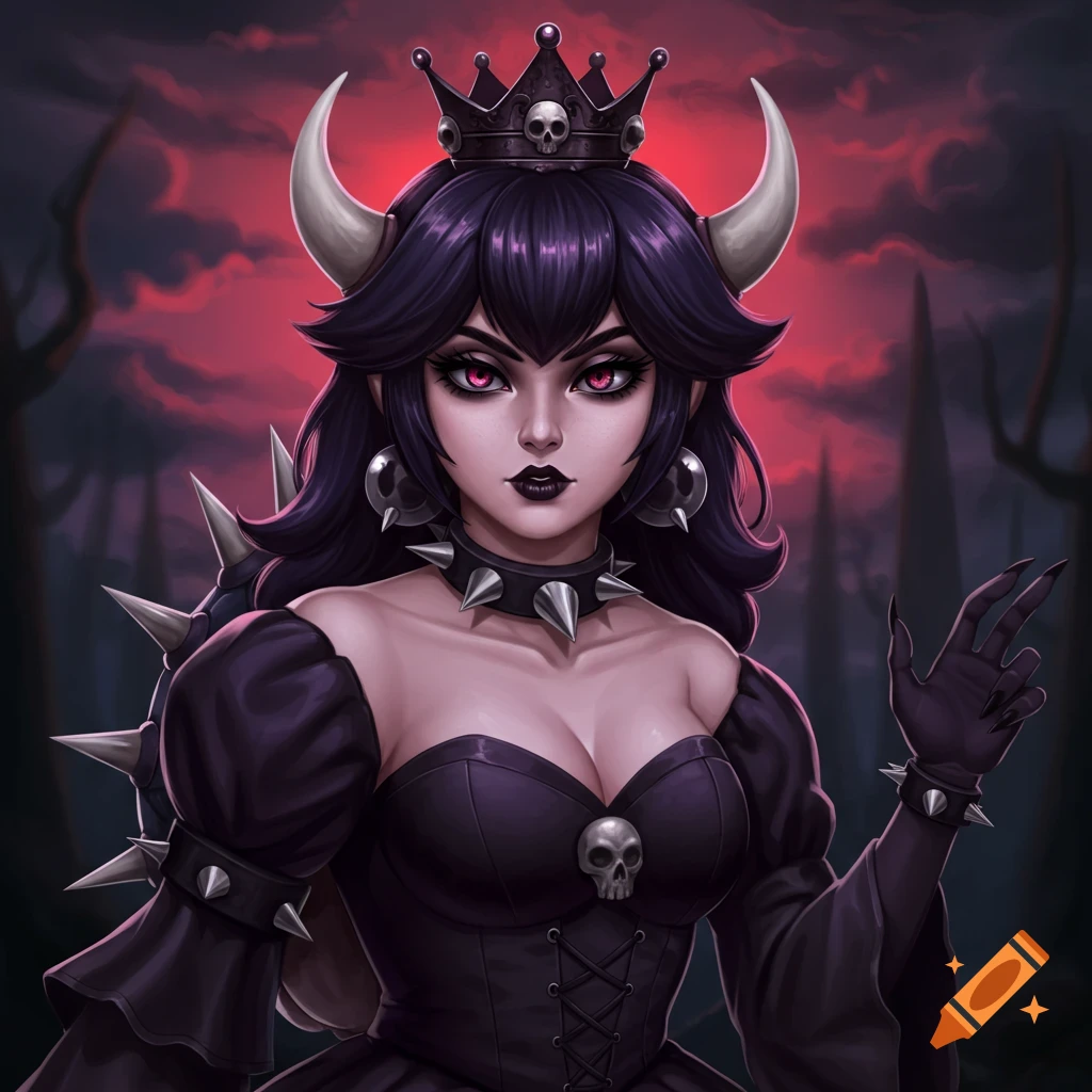 Gothic fantasy illustration of Bowsette wearing a crown with horns, dark dress, and spike accessories.