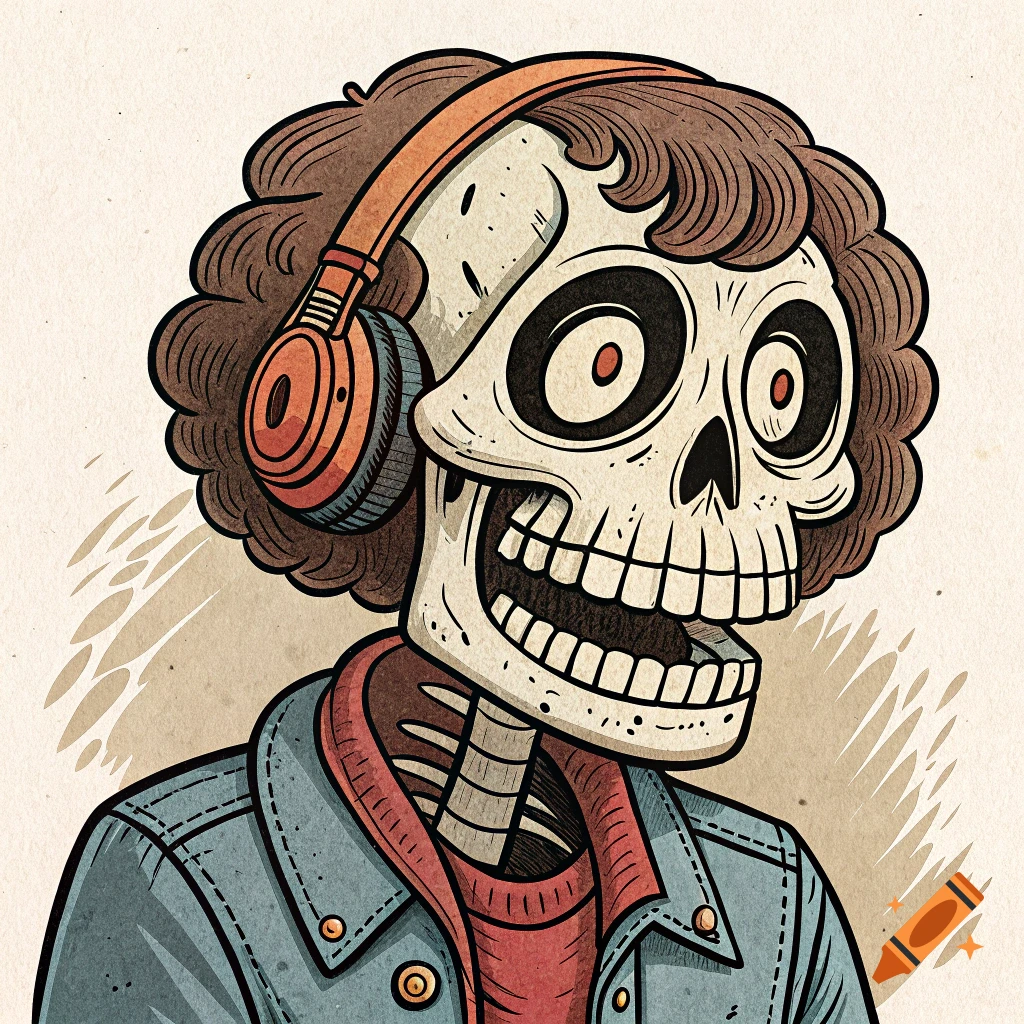 Cartoon skeleton wearing headphones and a jacket