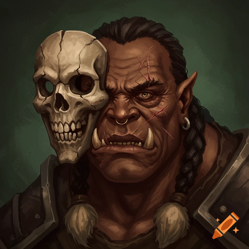 Portrait of an orc wearing a skull mask.