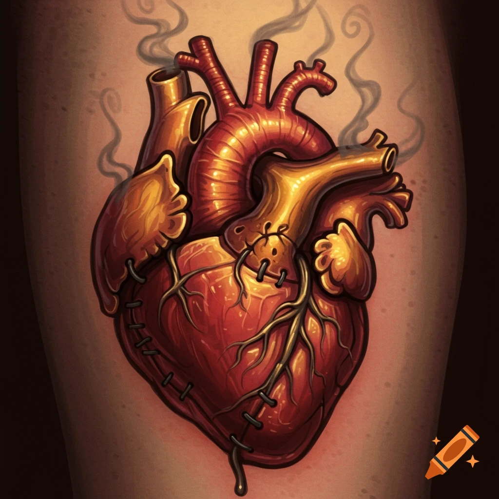 A stylized illustration of a stitched heart tattoo with smoke rising from the arteries.