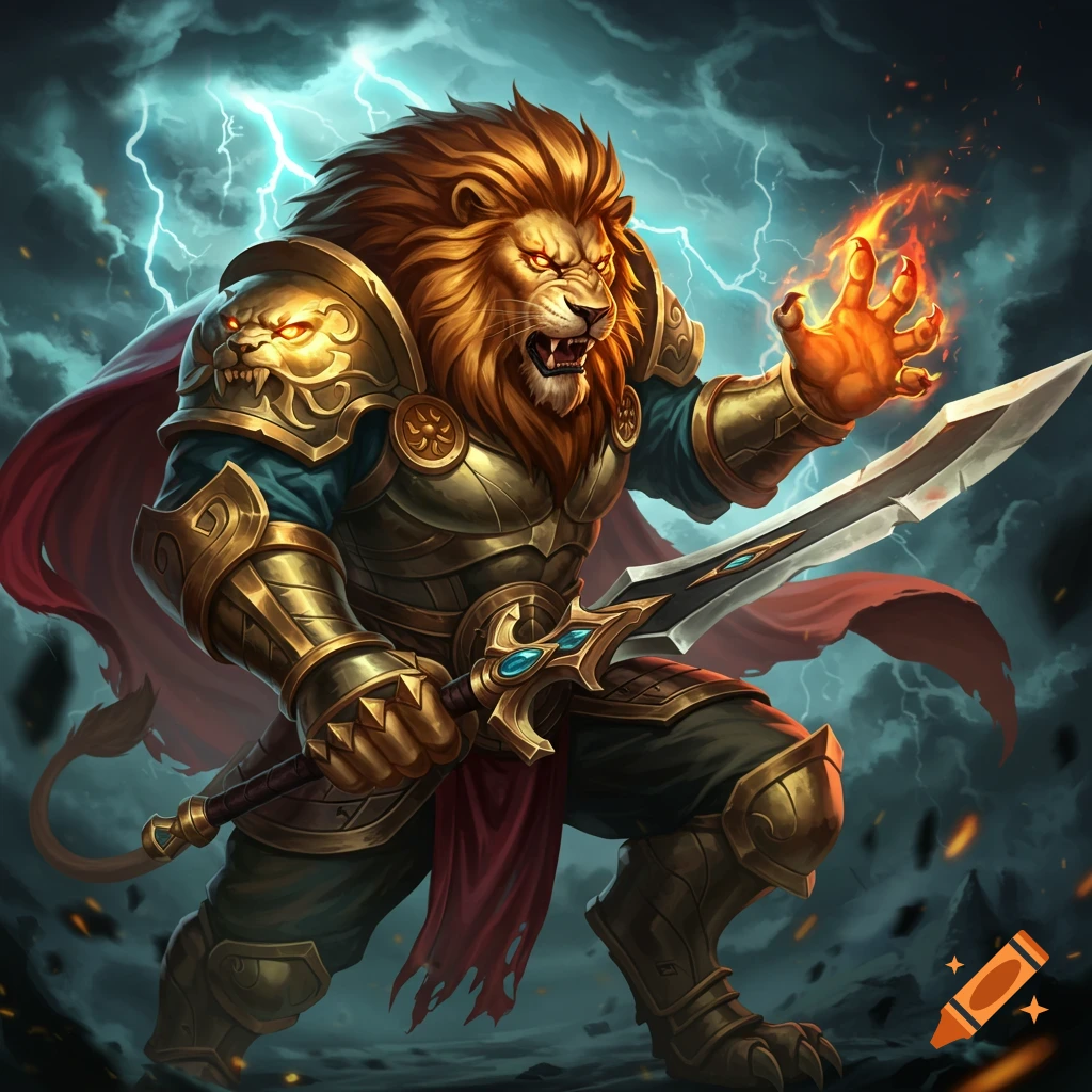 A fantasy illustration of a lion warrior in golden armor holding a sword and fire during a lightning storm.