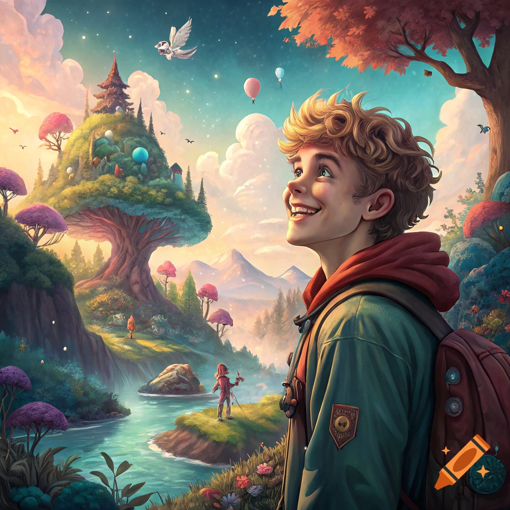 A boy with a backpack looks up at flying balloons in a vibrant fantasy landscape with strange trees and floating islands.