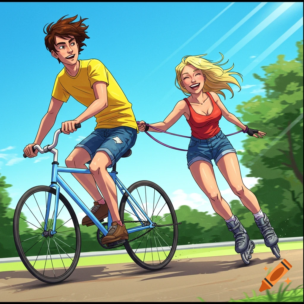 A man on a bike pulls a woman on rollerblades on a sunny day. Cartoon style.