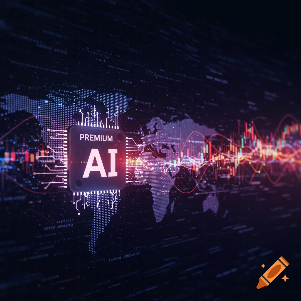 An AI chip labeled 'PREMIUM AI' over a world map with financial charts and digital circuits.