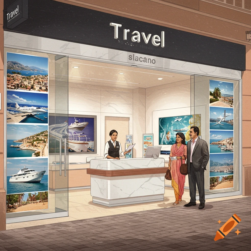 Illustration of a travel agency storefront with customers and an employee inside, and travel posters in the windows.