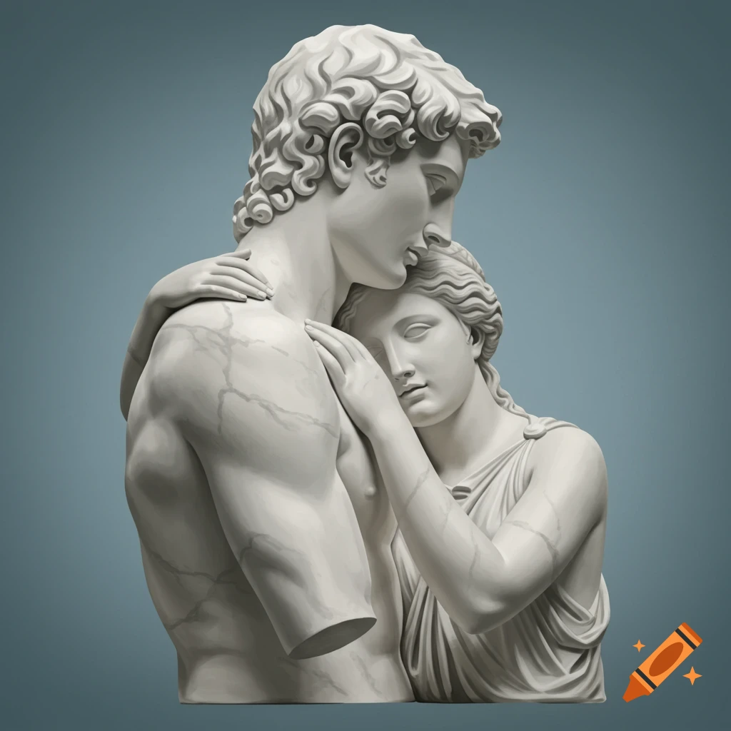 White marble statue of a man and woman hugging.