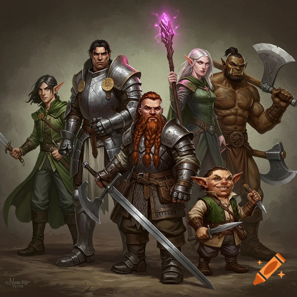 A group of five fantasy characters posing, including an elf, dwarf, human knight, orc, and a smaller creature, in a rendered style.