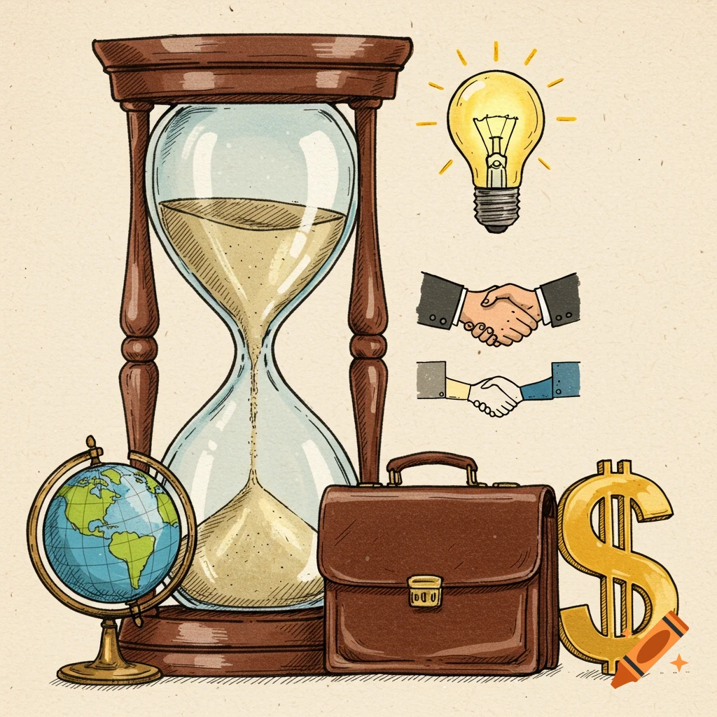 Hand-drawn illustration of an hourglass, globe, briefcase, dollar sign, light bulb, and handshake.
