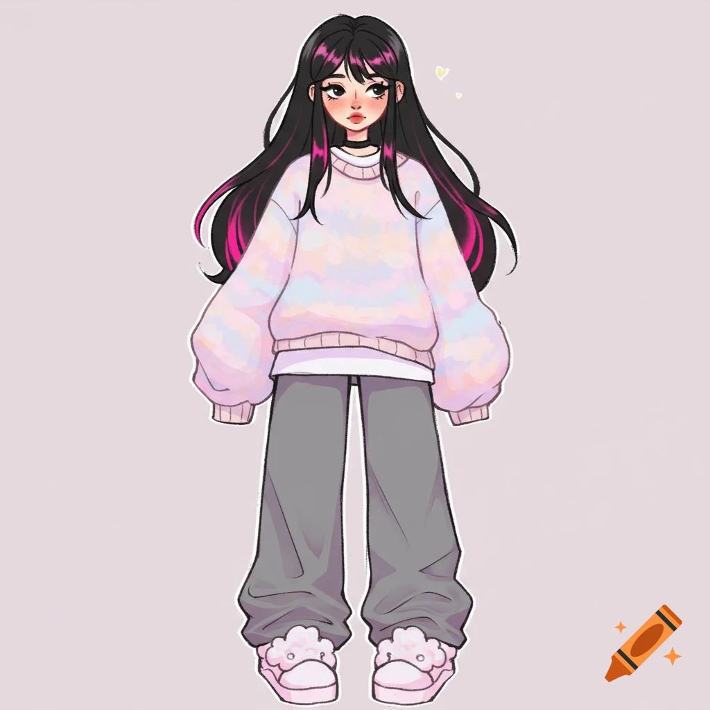 A drawing of a girl with long black hair with pink stripes, wearing a pastel tie-dye sweater and baggy grey pants.