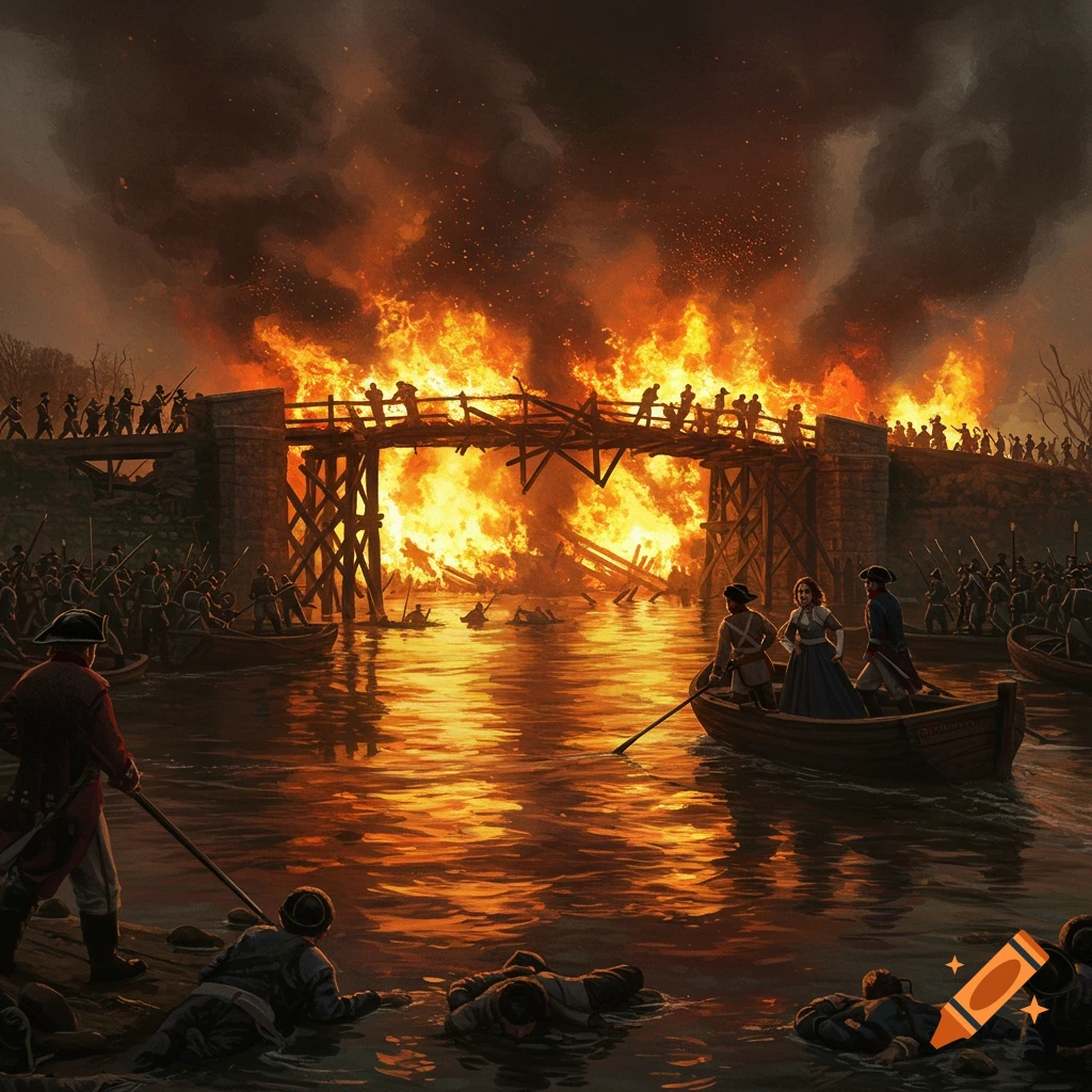 Historical painting of a river battle with a burning bridge, soldiers fighting, and figures in boats escaping.